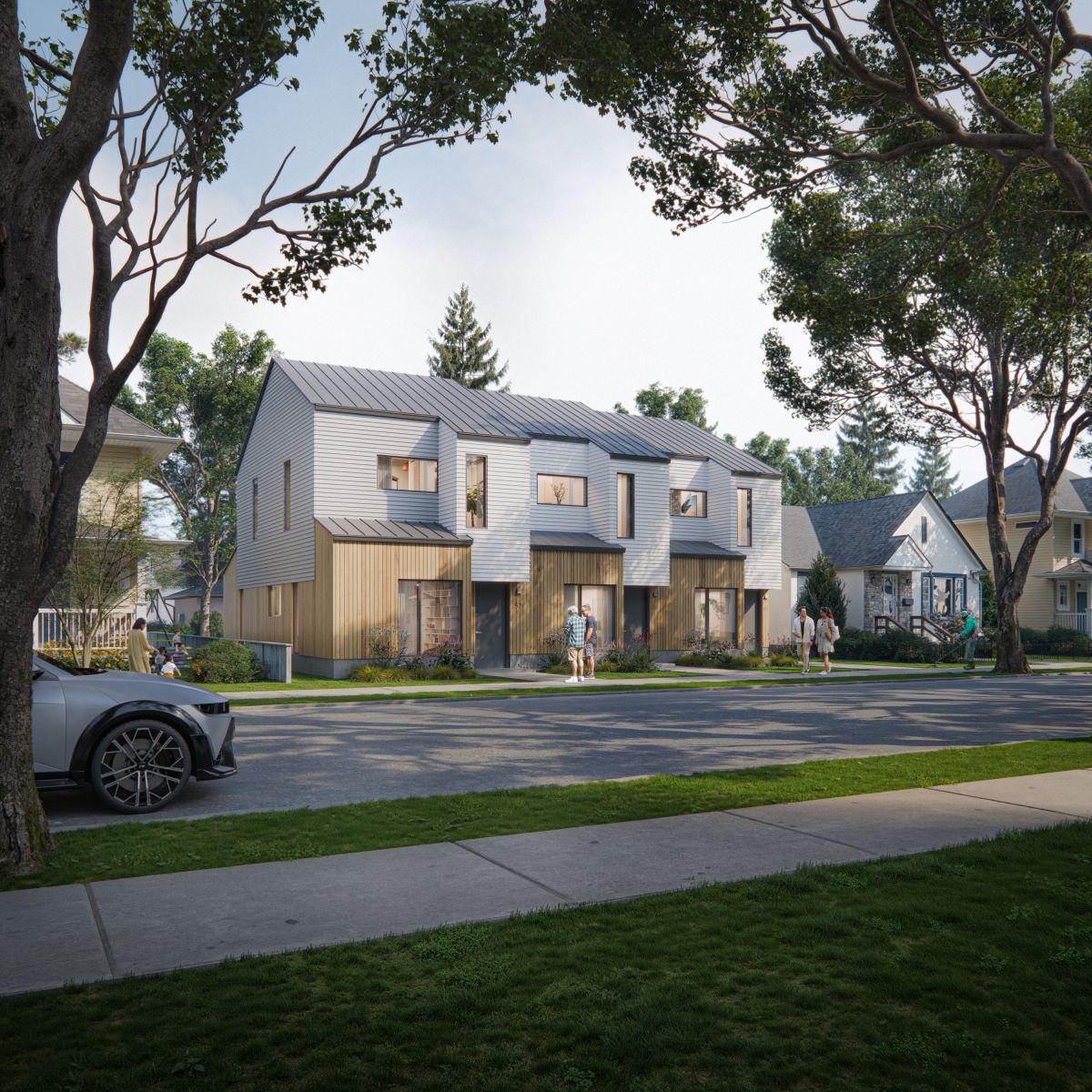 Rendu 3D d’un immeuble de maisons en rangée de deux étages avec des finitions en bois et en métal. L'immeuble est doté d’un toit angulaire et de grandes fenêtres. 